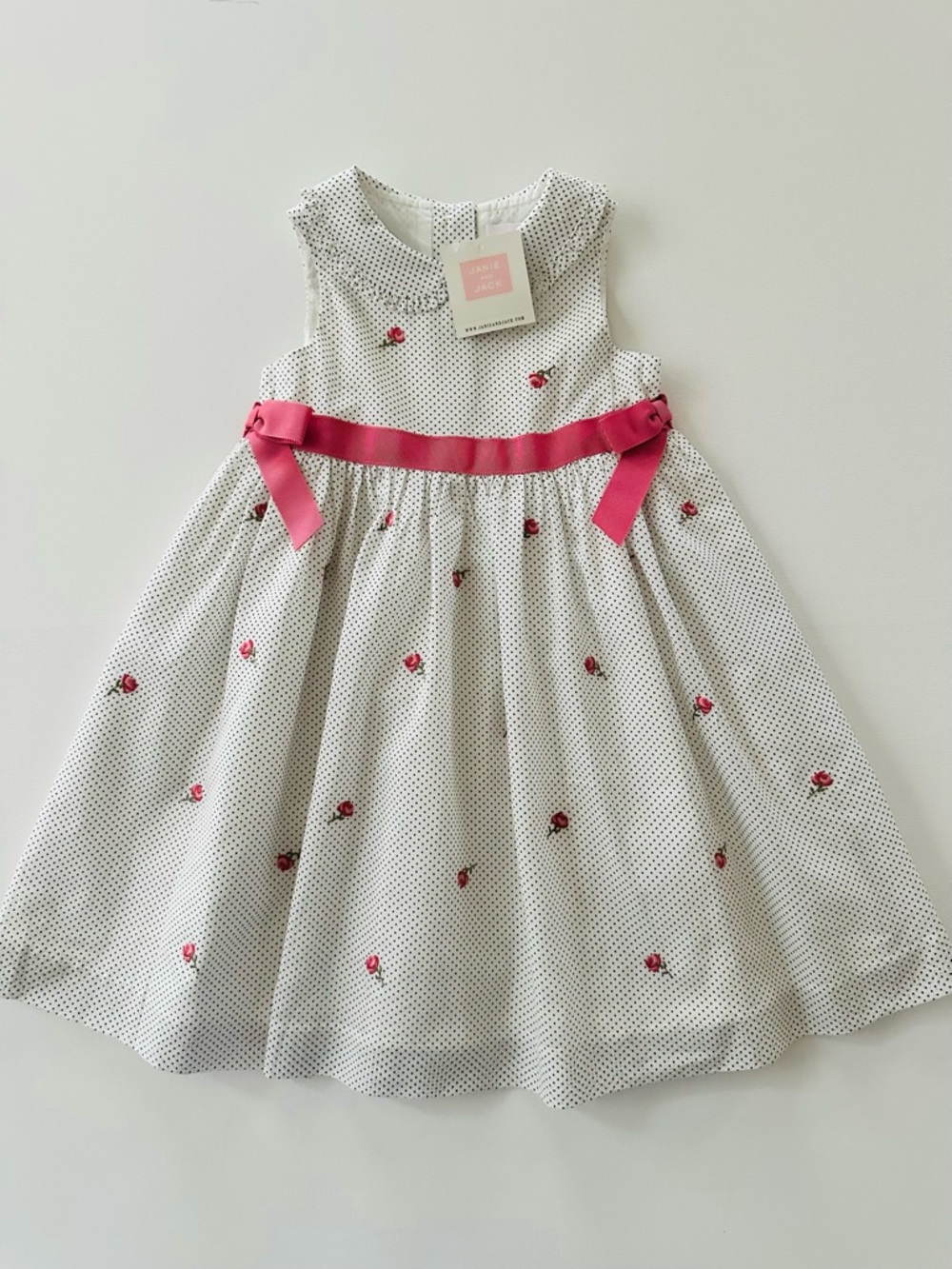 Janie and Jack 2T White Polka Dot Dress with Pink Ribbon NWT Spring Summer